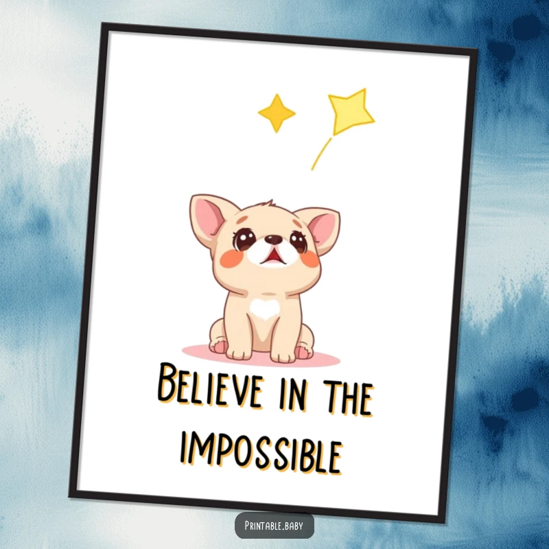 Funny poster art of a surprised dog cub gazing upwards at a bright, falling star in a night sky.