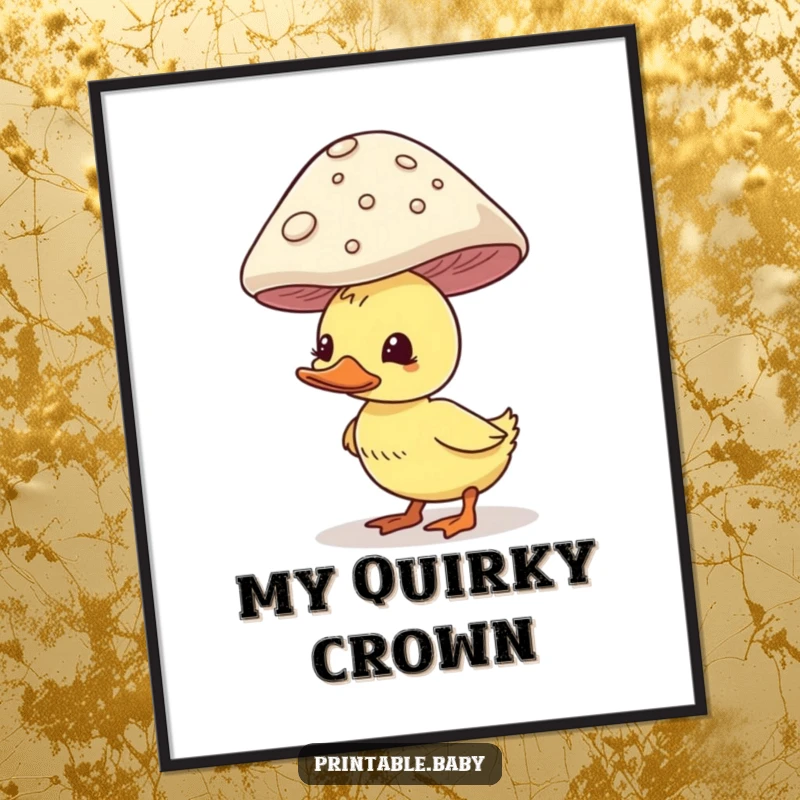 Funny duckling poster, comically balancing a large mushroom on its head, whimsical woodland artwork.