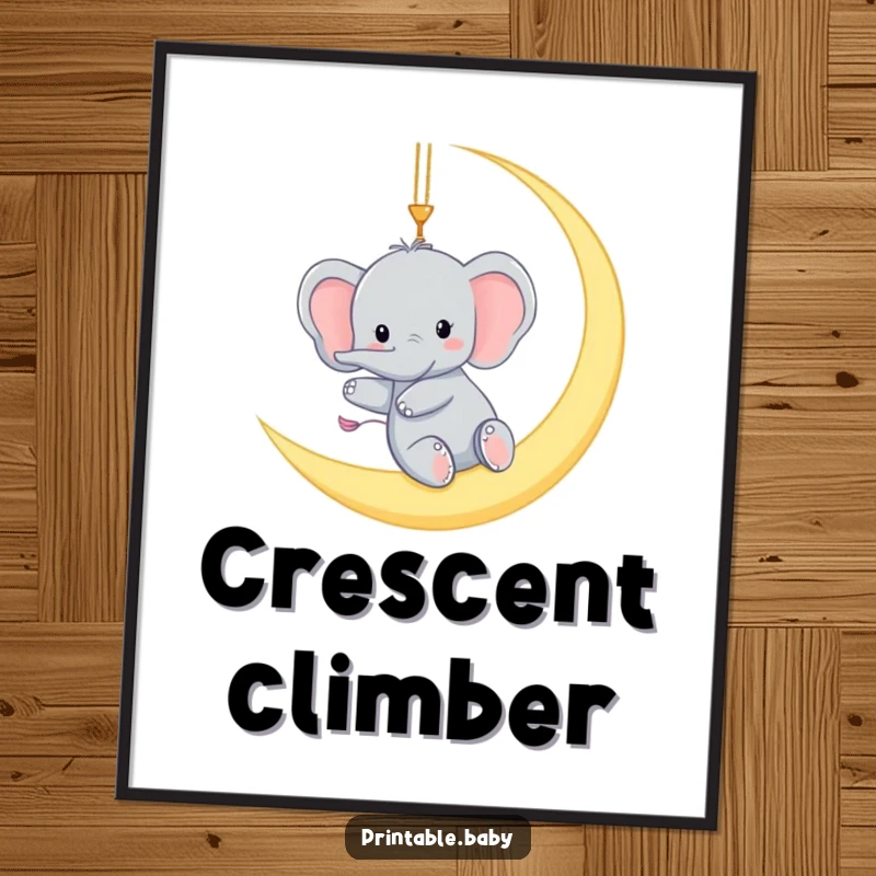 Funny poster showcasing a tiny elephant gleefully swinging from a crescent moon, a humorous and enchanting piece of wall art.