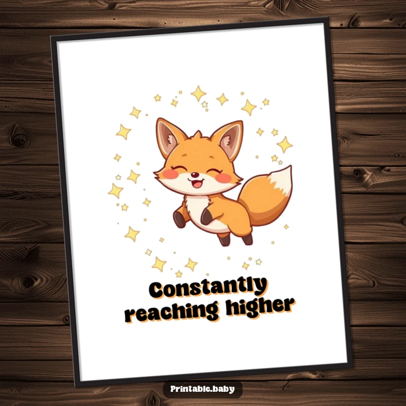 Funny Poster illustrating a smiling fox making a joyful leap through twinkling constellations, adding charm to any room.