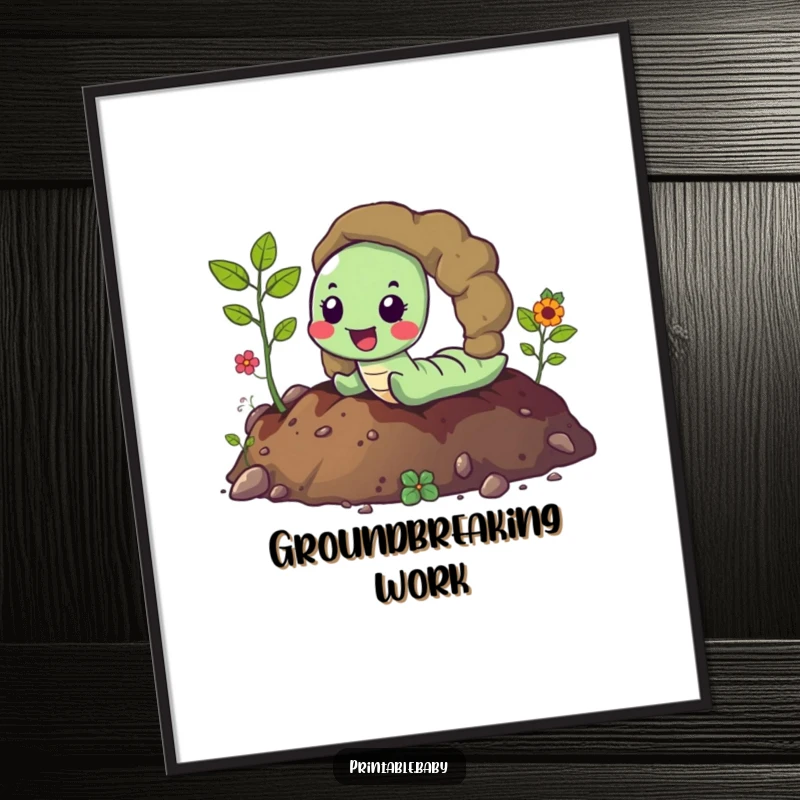 Funny happy worm joyfully tunneling through vibrant soil, leaving a trail, humorous poster for vibrant, earthy wall decor.