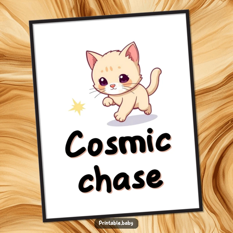 Funny poster showing a curious kitten playfully chasing a brilliant, sparkly comet tail across a vast starry expanse.