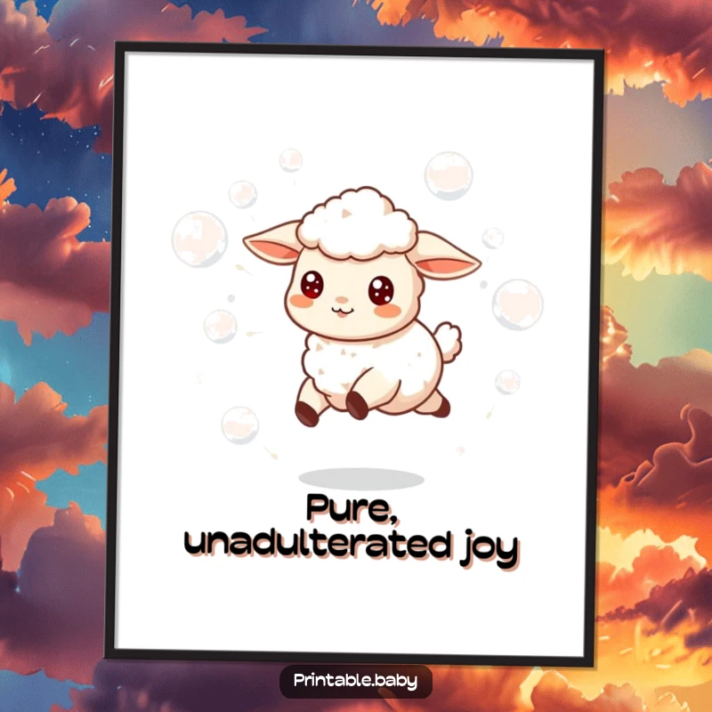 Funny poster art of a joyful lamb skipping amidst a flurry of iridescent, magical floating bubbles.