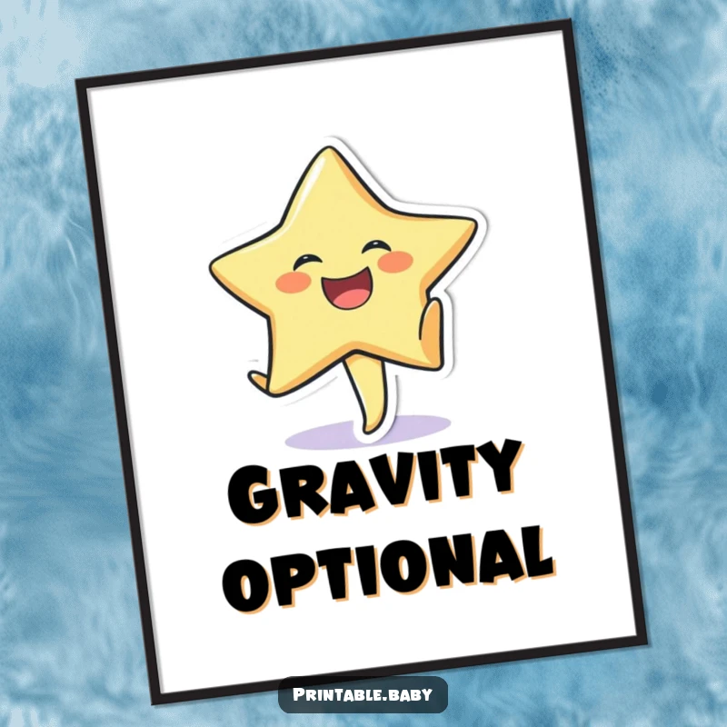 Funny poster of a laughing star sticker character doing a cartwheel on a textured paper background.