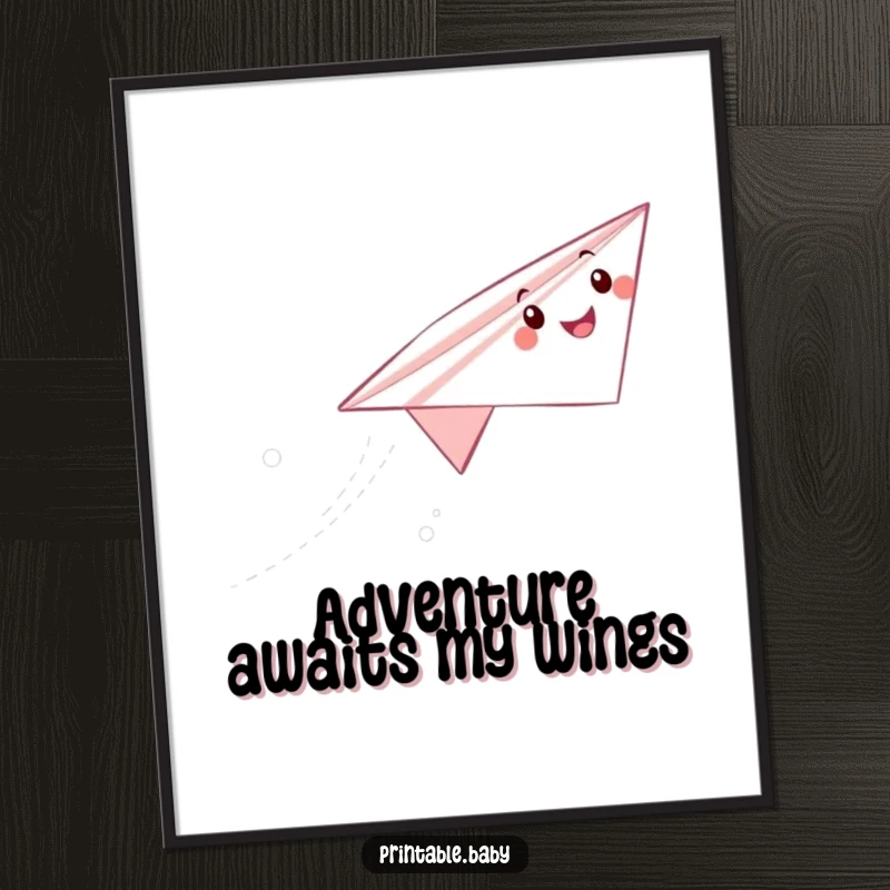 Funny paper airplane poster displaying a happy character soaring gracefully, leaving a whimsical trail, perfect for adding charm to any room.