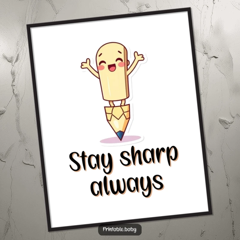 Funny Pencil Poster: A humorous poster featuring a silly pencil character balancing precariously on its tip, with arms waving.