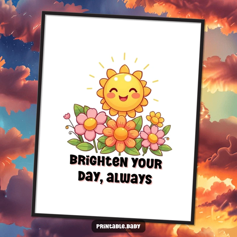 Funny sun poster, a giggling sun shining brightly down on happy, beaming flowers, vibrant art.