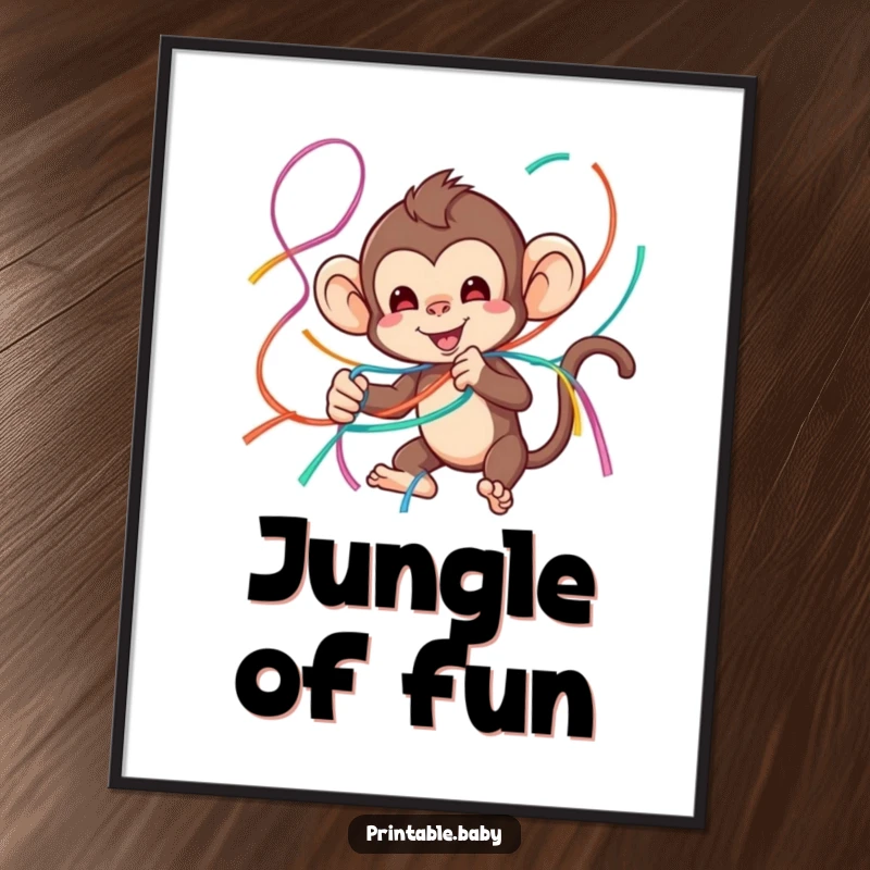 Funny monkey poster featuring a playful monkey happily tangled in colorful streamers, creating a festive and joyful atmosphere.