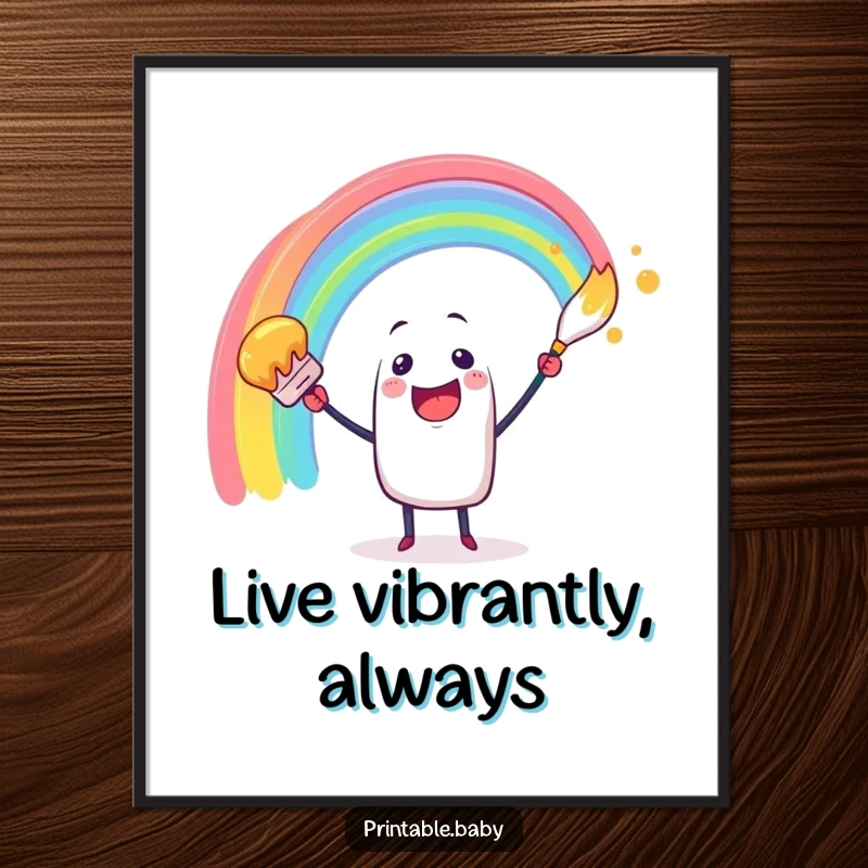 Funny poster featuring a cheerful paintbrush character making a colorful rainbow arc, symbolizing creativity and vibrant expression.