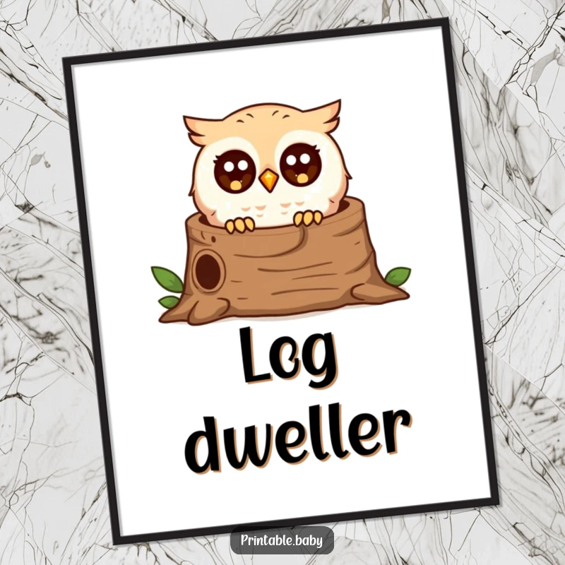 Funny surprised owl poster, tiny bird peeking from a hollow log, charming and humorous wall art.