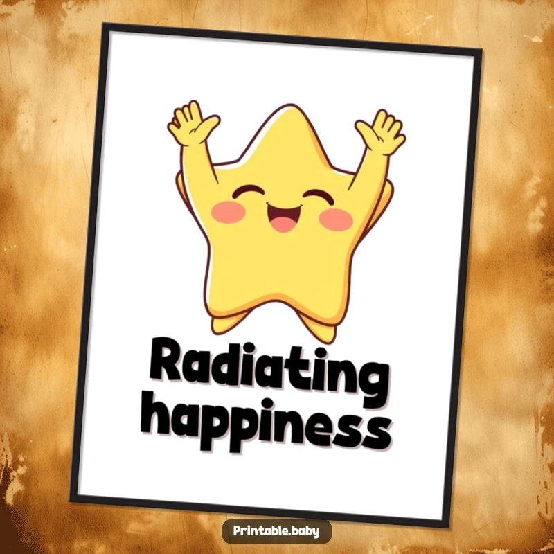 Funny giggling star with arms thrown up in pure joy, radiating happiness, humorous poster for joyful, radiant wall decor.