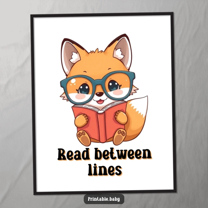 Funny baby fox in oversized glasses reading a book upside down, displayed on a poster for charming wall decor.