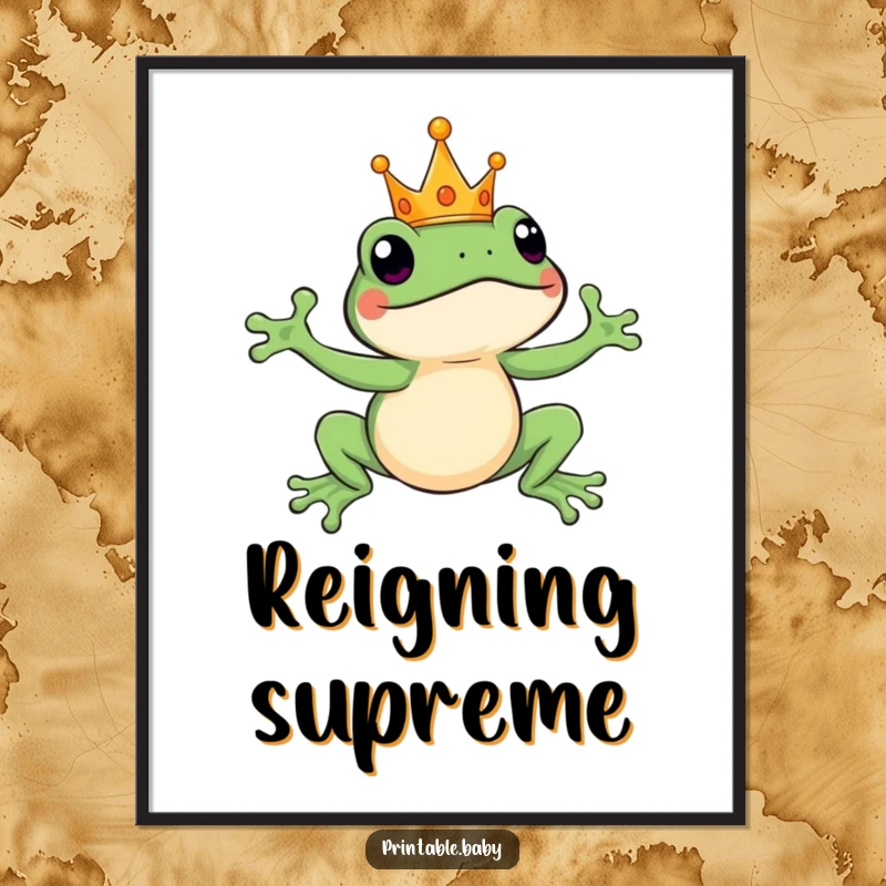 Funny leaping frog wearing a tiny crown, captured in a leap, humorous poster for whimsical, regal wall art.