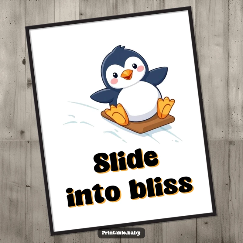 Funny poster art of a happy penguin sliding down a starry, icy slope, evoking winter magic and a sense of playful adventure.