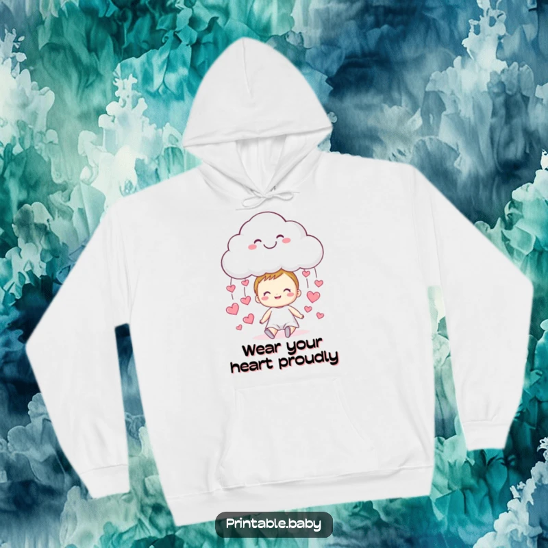 Funny cloud hoodie, smiling and raining hearts on a happy child, a symbol of love.