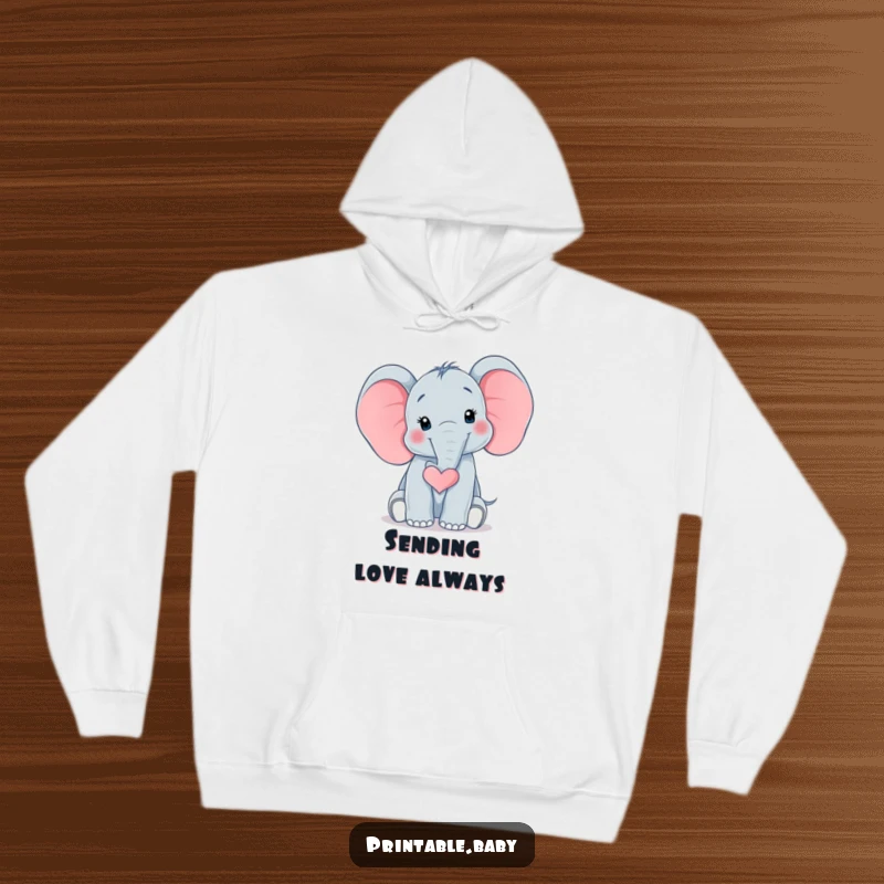 Funny Elephant Heart Hoodie featuring a surprised baby elephant with its trunk curled into a heart shape, offering cozy comfort and endearing, humorous flair.