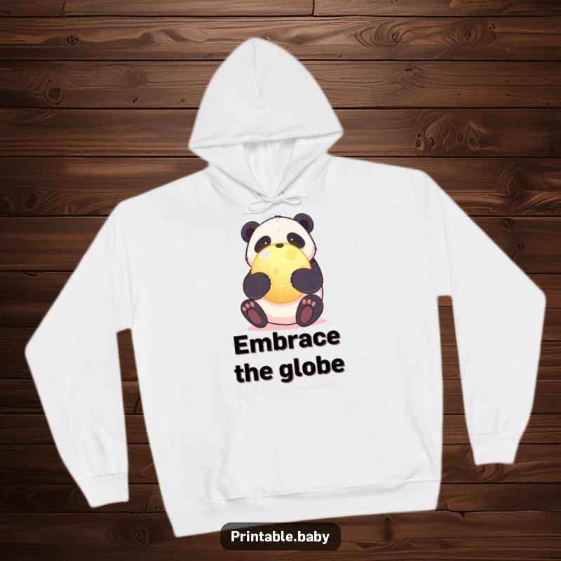 Funny hoodie featuring a sweet panda bear giving a glowing planet a hug, representing comfort, care, and environmental love.