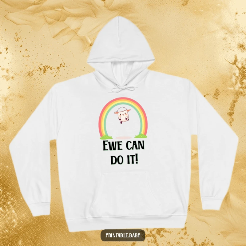 Funny hoodie featuring a happy sheep leaping over a vibrant rainbow arch, perfect for cozy days and cheerful vibes.