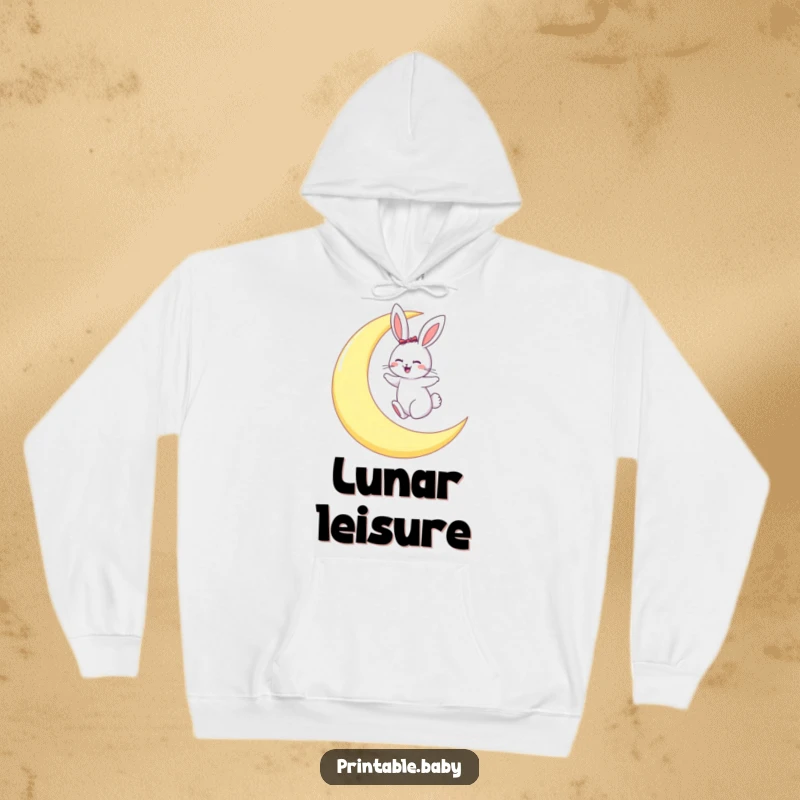 Funny hoodie featuring a happy bunny hopping gleefully on a large crescent moon, evoking nocturnal delight.