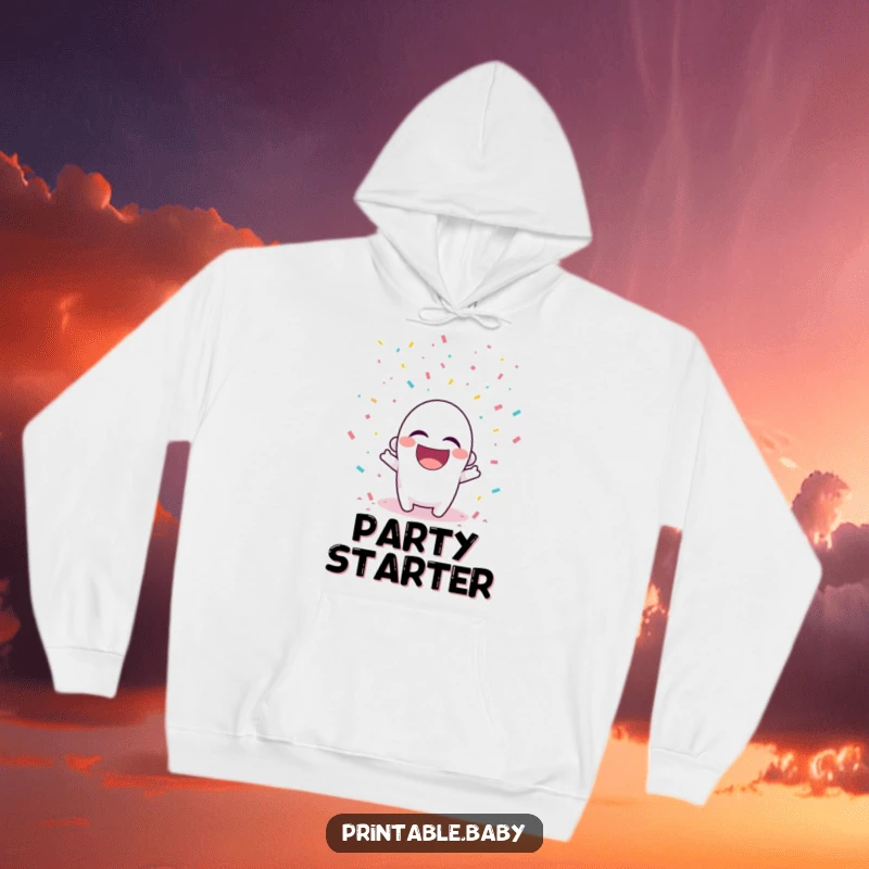 Funny hoodie with a laughing hole punch character joyfully surrounded by falling confetti.