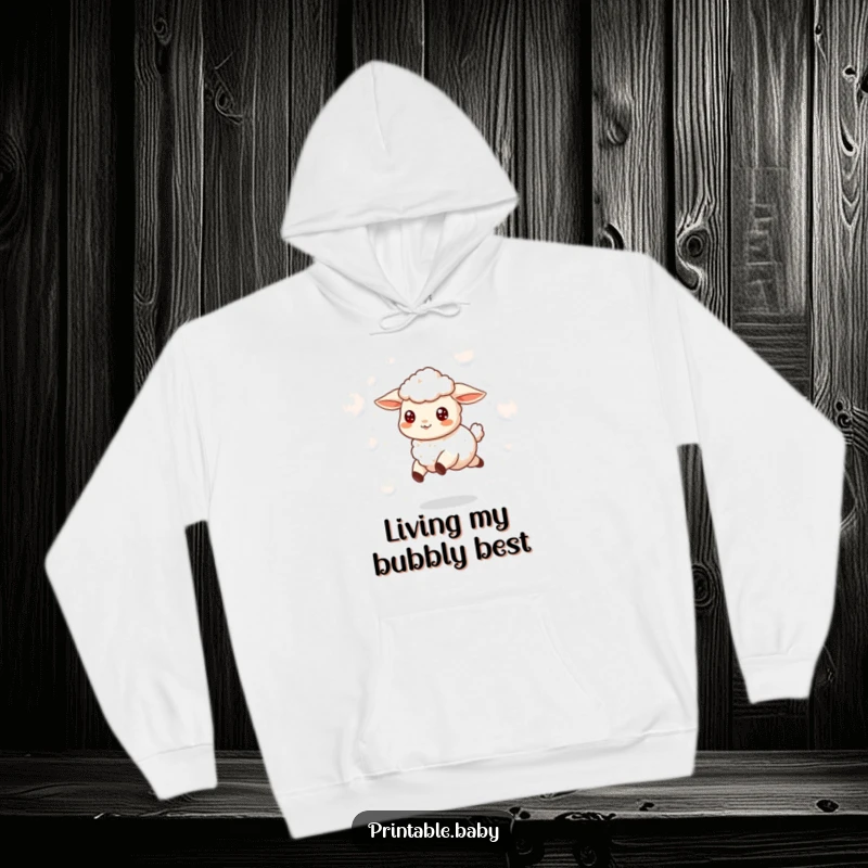 Funny hoodie displaying a joyful lamb skipping through a dreamlike scene filled with floating, playful bubbles.