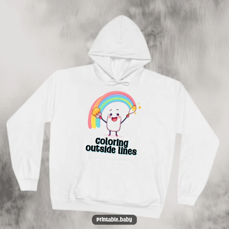 Funny hoodie with a cheerful paintbrush character painting a swirling rainbow arc, evoking a sense of wonder and artistic joy.