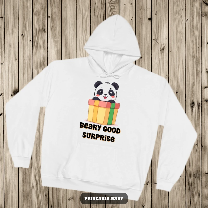 Funny hoodie showcasing a happy panda bear emerging from a giant gift box, perfect for cozy, playful moments.