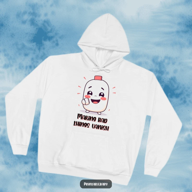 Funny hoodie depicting a mischievous eraser character gleefully erasing a funny face, designed for cozy humor.