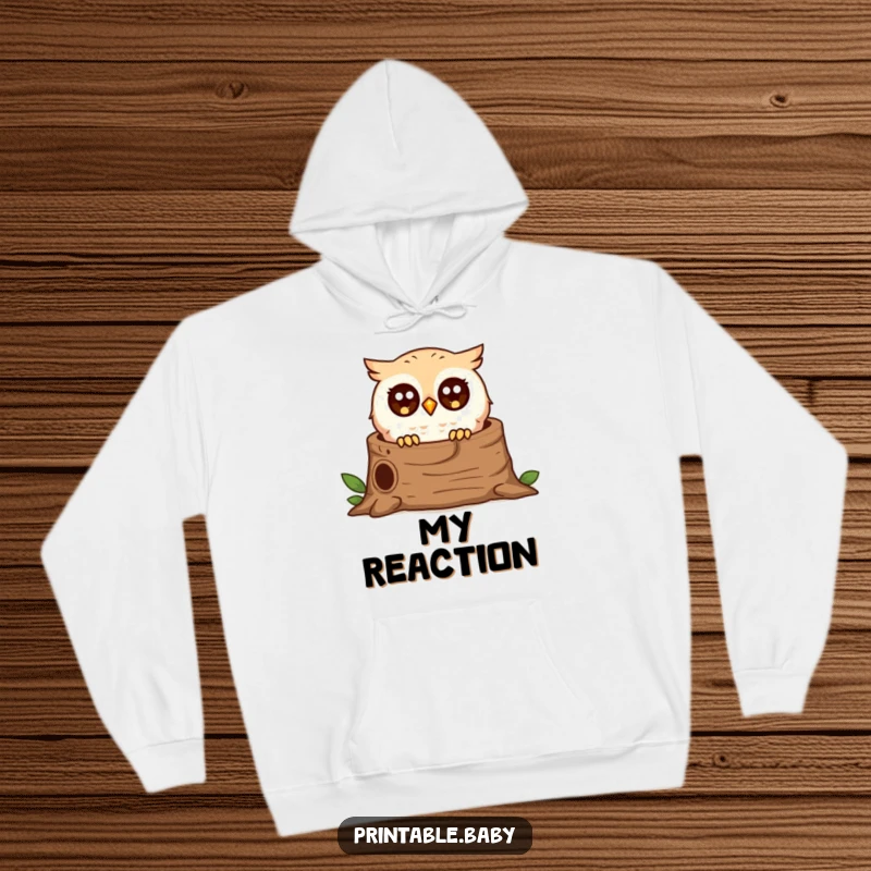 Funny surprised owl hoodie, tiny bird peeking from a log, comfortable and humorous apparel.