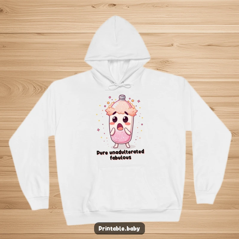 Funny hoodie with a surprised glitter shaker character erupting in shimmering dust, offering warmth and a burst of humor.