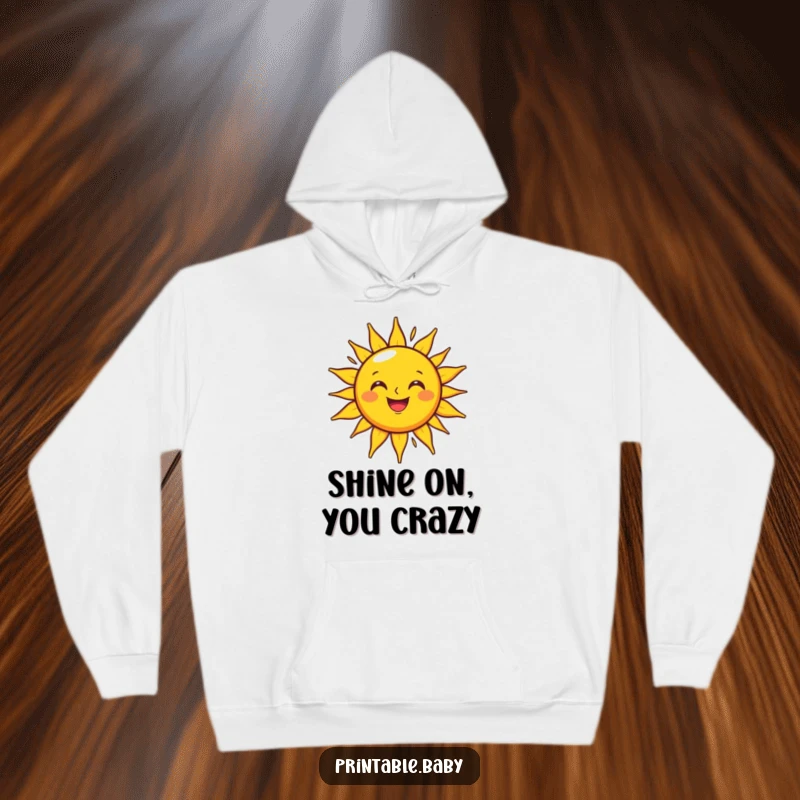Funny grinning sun hoodie with a happy character radiating light on an outline, perfect for comfort and bright style.