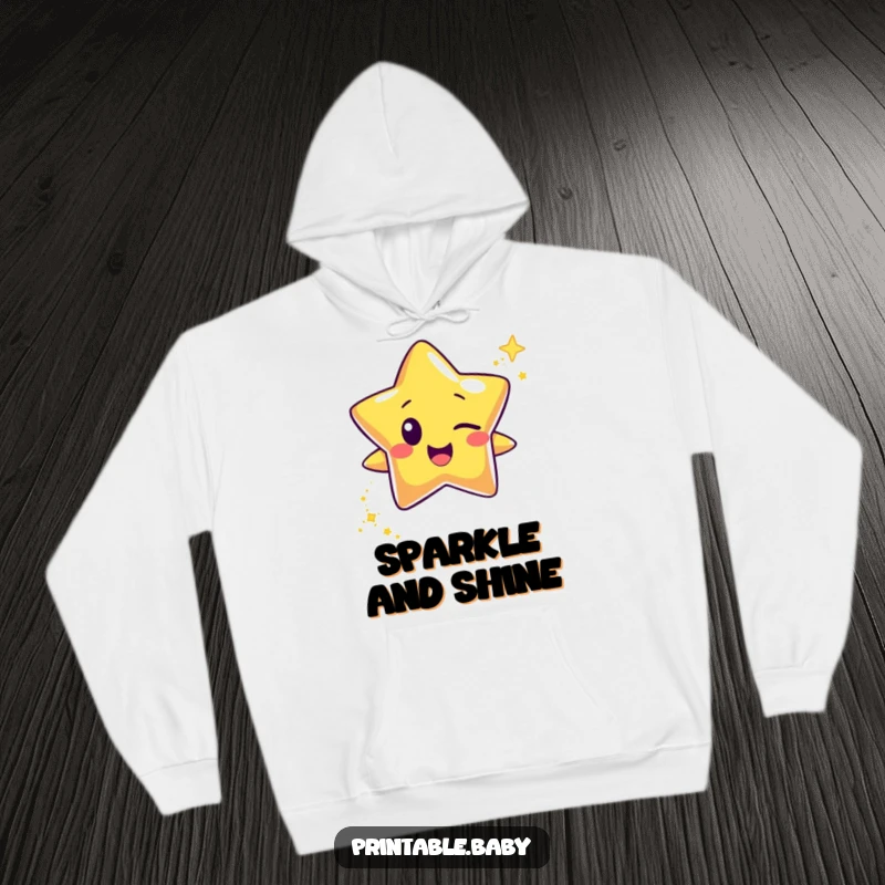 Funny happy star character hoodie, winking and leaving a glitter trail, offering cozy comfort and a touch of celestial magic.