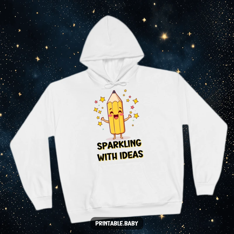 Funny Pencil Hoodie: Cozy hoodie featuring a giddy pencil character scribbling colorful stars, ideal for creative minds and fantasy lovers.