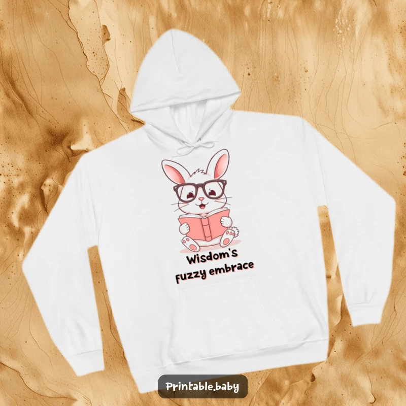Funny hoodie with a cheerful bunny wearing glasses, lost in a book, offering warmth and humor for book lovers.