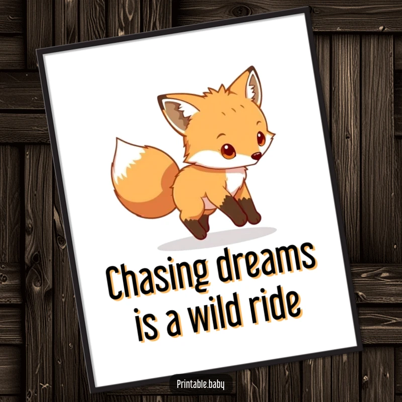 Funny Free Printable Wall Art: A little fox cub playfully chasing its own bushy tail with energetic delight.