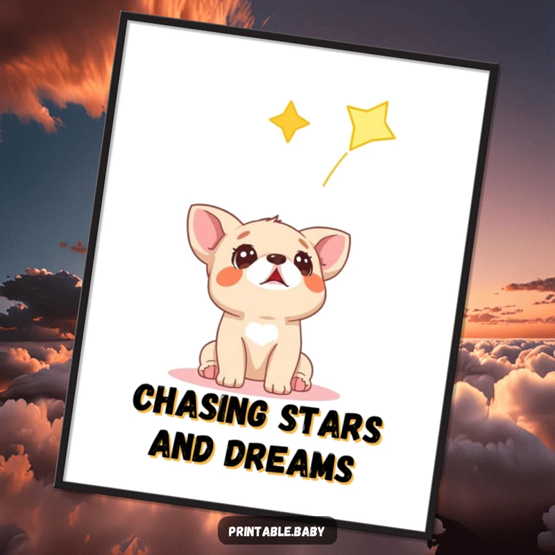 Funny Free Printable Wall Art: A surprised puppy gazes up at a bright falling star, capturing a moment of wonder.