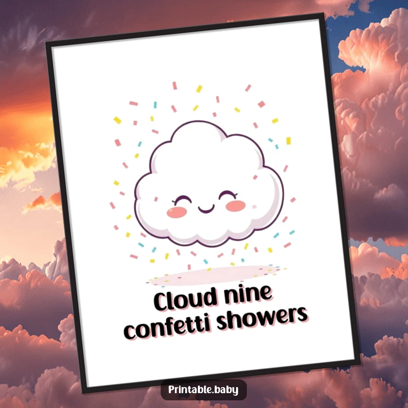 Funny Free Printable Wall Art: Giggling cloud raining colorful confetti, creating a whimsical and humorous artistic display.