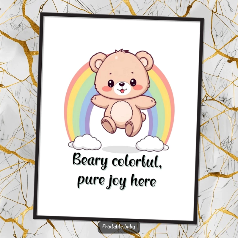 Funny Free Printable Bear Wall Art: A fluffy bear cub bouncing on a colorful rainbow, cheerful downloadable art.
