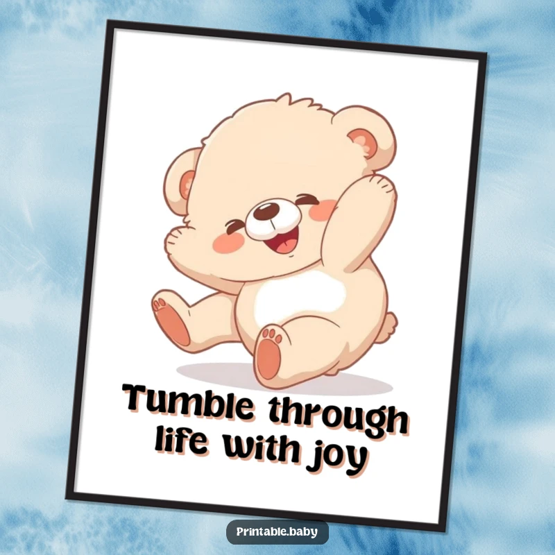 Funny Free Printable Wall Art: A fluffy bear cub joyfully tumbling head over heels with pure, unadulterated happiness.