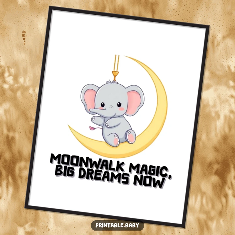 Funny Free Printable Elephant Wall Art: A tiny elephant gleefully swinging from a moon crescent, whimsical downloadable art.
