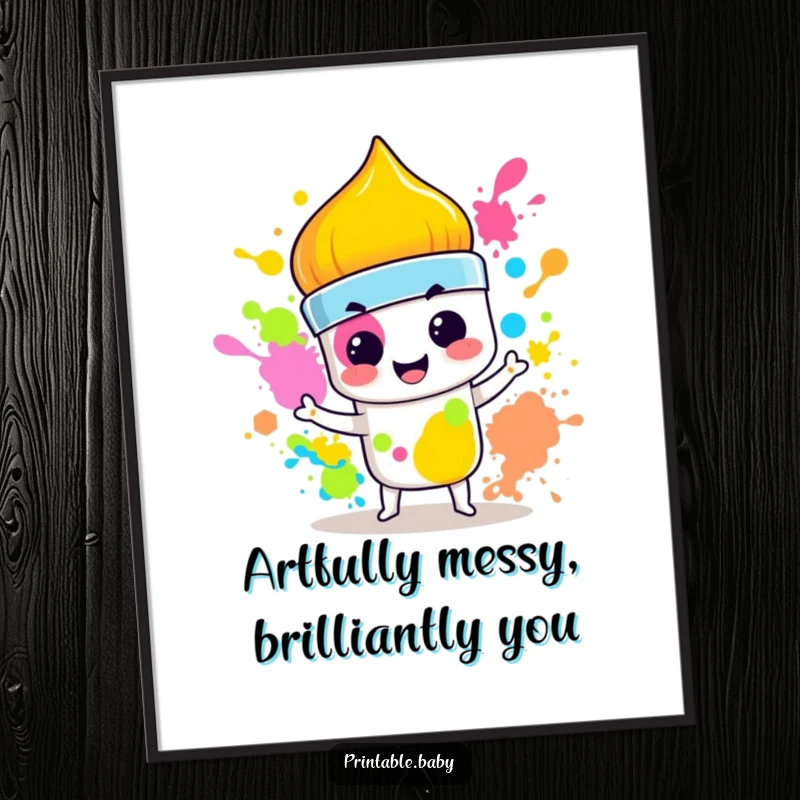 Funny Free Printable Wall Art featuring a mischievous paintbrush character smirking while splashing a dynamic and vibrant explosion of colors.