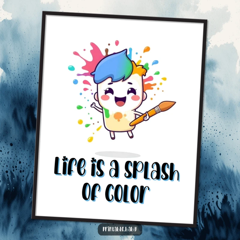 Funny Free Printable Wall Art: Cheerful paintbrush character splattering vibrant rainbow colors mid-air.