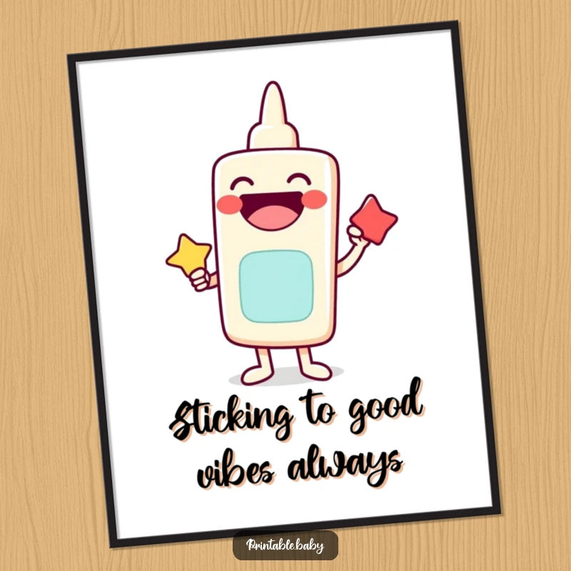 Funny Free Printable Wall Art: A laughing glue stick character bonds two colorful shapes with cheerful effort.