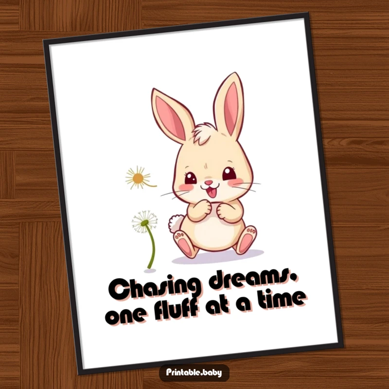 Free Printable Wall Art: A mischievous bunny playfully chases a floating dandelion seed, embodying a spirit of lighthearted fun and whimsy.