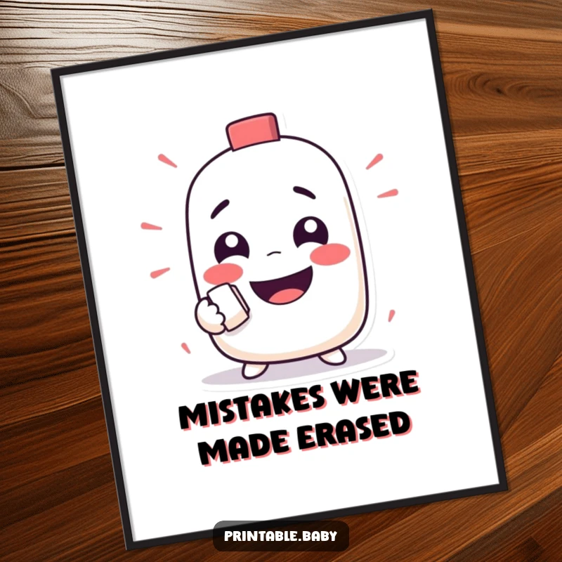 Funny Free Printable Wall Art: A mischievous eraser character gleefully rubs out a funny face, adding a whimsical and playful vibe to any room.