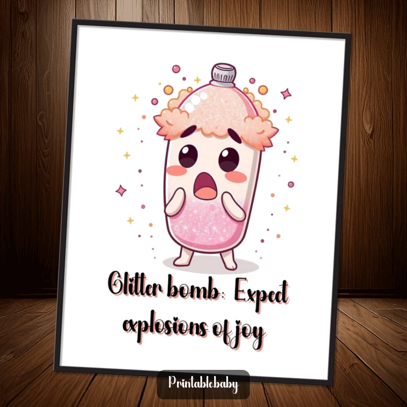 Funny Free Printable Wall Art: A surprised glitter shaker character erupts with shimmering dust, creating a whimsical and festive atmosphere. Great decor.