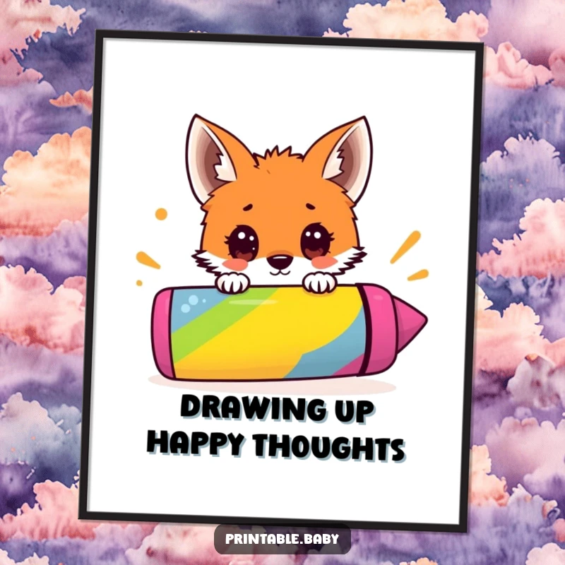 Funny Free Printable Wall Art: Curious fox cub peeking over a giant, colorful crayon, adding whimsical artistic charm to any space.