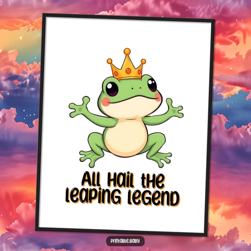 Funny Free Printable Wall Art of a crowned frog in mid-leap with a majestic, cheerful expression.