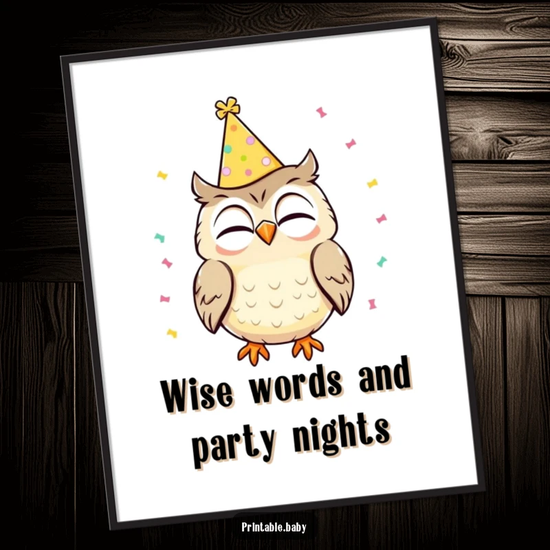 Funny Free Printable Wall Art: Giggling owl adorned with a party hat, with confetti showering down, creating a festive atmosphere.