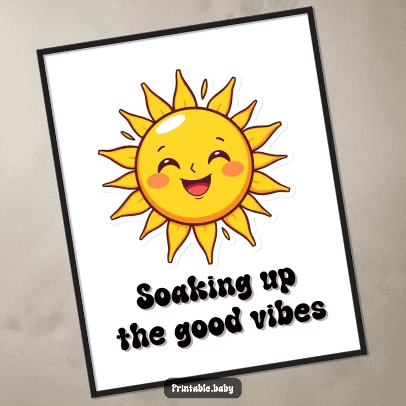 Funny Free Printable Wall Art featuring a beaming sun character radiating light and happiness onto a joyful outline.